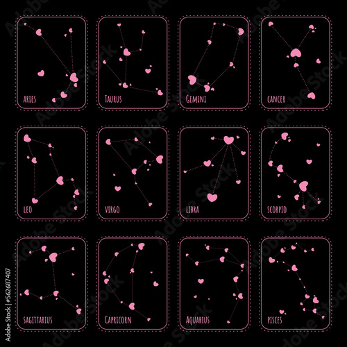 Romantic zodiac signs in dark sky