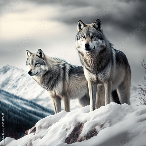 Wolves on top of a snowy mountain. Generative AI. © DALU11
