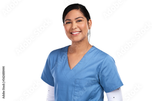Tableau sur toile Portrait of a young beautiful doctor in scrubs Isolated on a PNG background