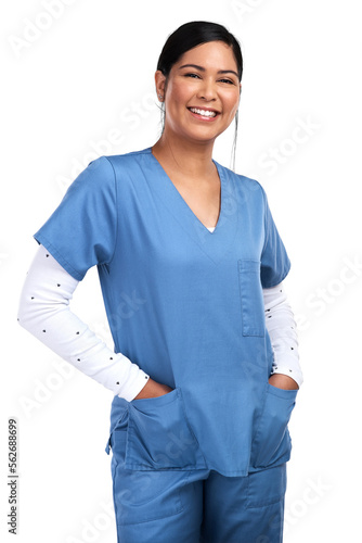 Фотография Portrait of a young doctor standing with her hands tucked into her scrubs Isolated on a PNG background