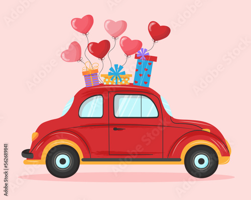 Retro red car with heart balloons and gift boxes. Postcard for Valentine's Day, wedding. Cartoon vector illustration.