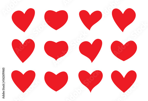 Hearts of different shapes. Set of different isolated red hearts. Vector elements for your design.