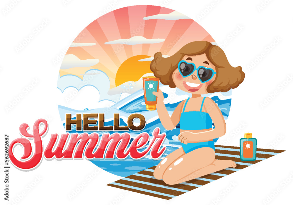 Naklejka premium Hello summer word with kid character