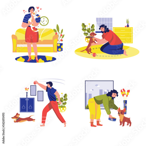 Pets with their owners set concept with people scene in the flat cartoon style. People spend a lot of time with their pets. Vector illustration.