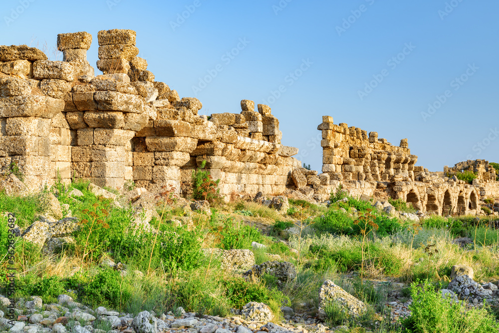 Awesome view of the ancient city walls in Side, Turkey