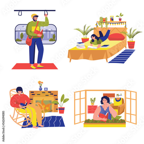 People lovers of literature with books set concept with people scene in the flat cartoon design. Man and woman are interesting on reading books. Vector illustration.