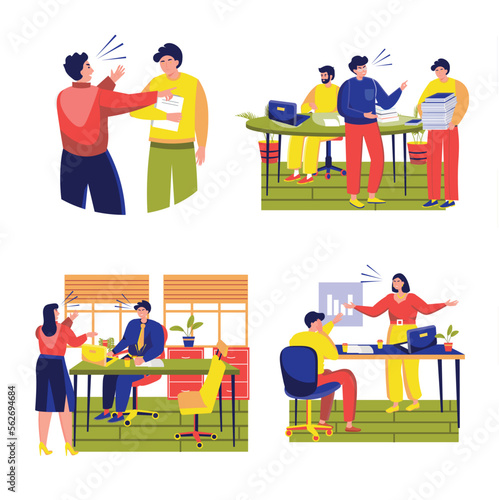Rudeness in a business team set concept with people scene in the flat cartoon style. Business partners were defeated in their affairs. Vector illustration.