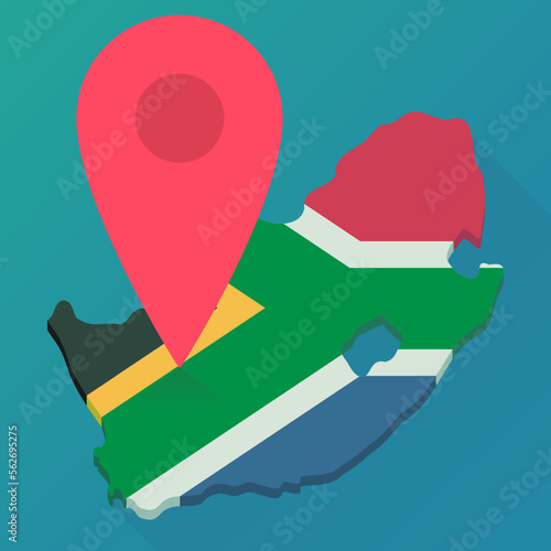 3d map in flat design style of south africa in the colors of the south african flag on which a red location marker is placed to indicate a destination