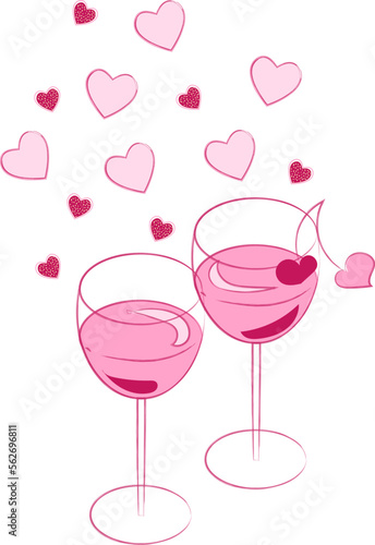 Hand drawn pair of wine glasses with drink Valentine day themed with hearts and cherries