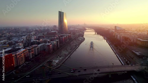Frankfurt am Main at a frost morning in winter aerial 