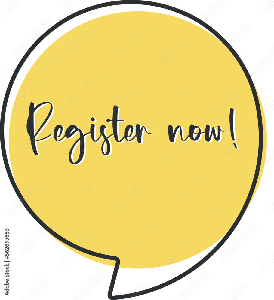 Register now comic speech bubble in pop art style. Comic speech. Dialog window. Yellow banner for sale. Register now comic speech bubble in pop art style. Comic speech. Dialog window. Yellow banner for sale.