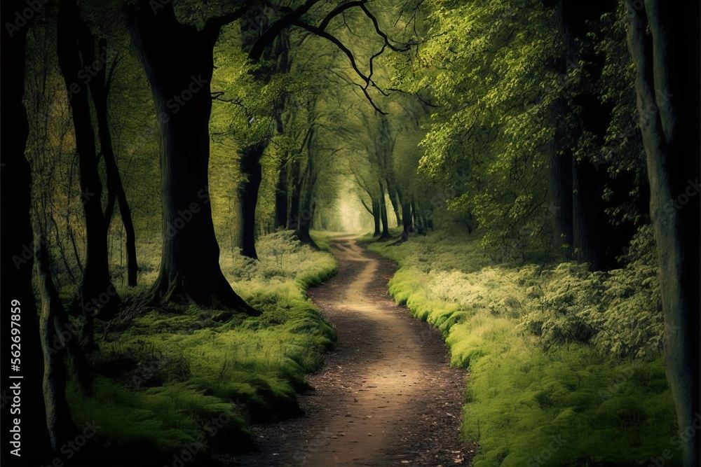  a path in a forest with trees and grass on both sides of it and a light at the end of the path leading to the right of the picture is a light at the end. Generative AI