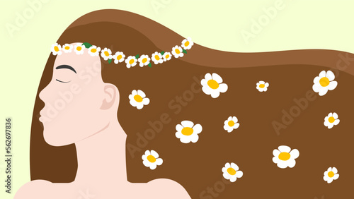 The image of spring in the form of a profile of a woman with long hair with a wreath on her head and daisies in her hair. Flat vector illustration