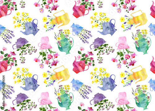 watercolor drawing semless pattern with teapots and cups with flowers, herbal tea background, hand drawn illustration