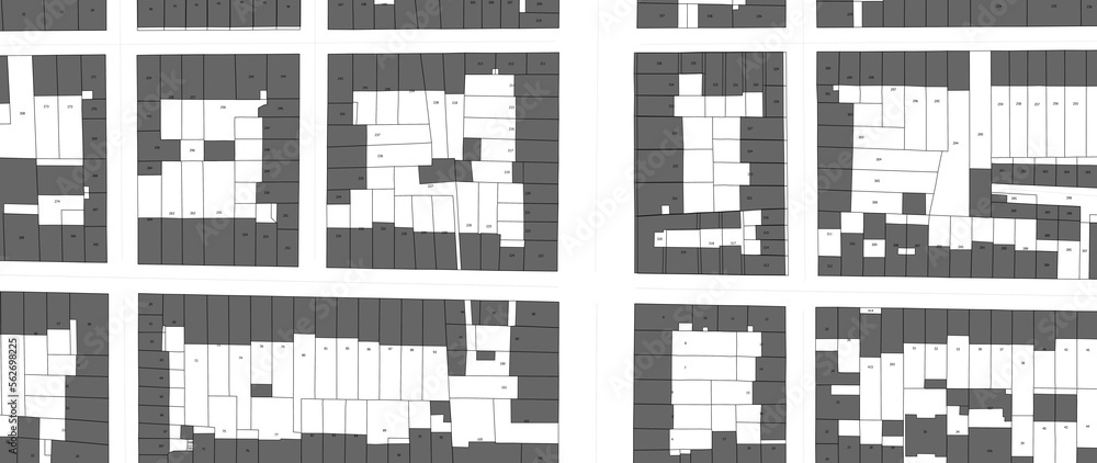 Fototapeta premium Urbanisme et territoire - plan cadastral avec limites de parcelles et bâtiments du centre ville d'une métropole