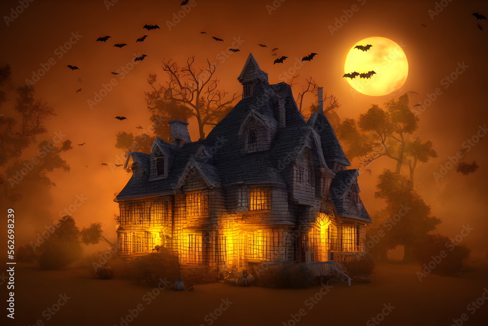 3d rendering illustration of Halloween house, generative ai