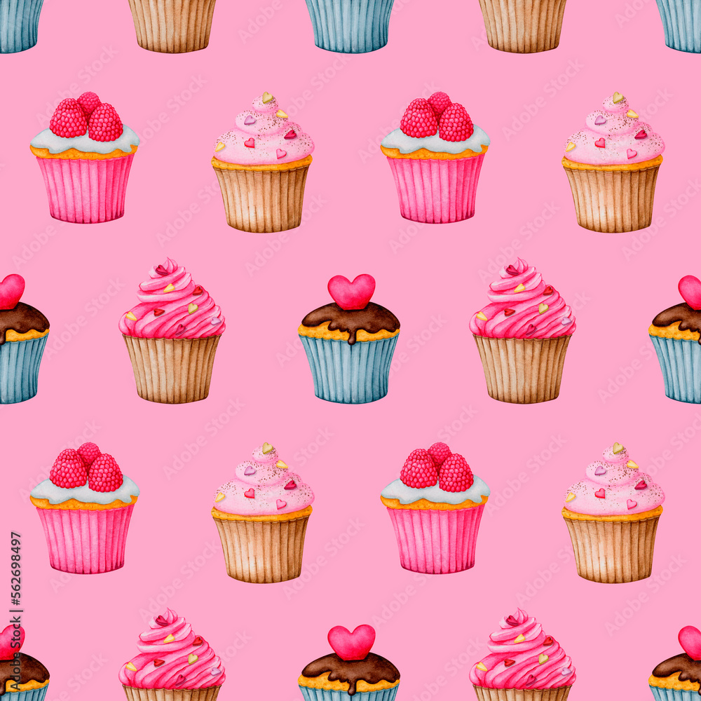 Seamless patern with cupcakes on a pink background. Watercolor design for Valentine's Day, Birthday, Wedding, Anniversary. Ideal for printing on packaging, wrapping, stationery, fabrics, textiles.. Seamless patern with cupcakes on a pink background. Watercolor design for Valentine's Day, Birthday, Wedding, Anniversary. Ideal for printing on packaging, wrapping, stationery, fabrics, textiles..
