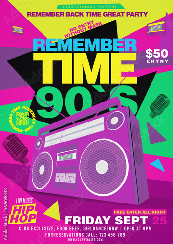 Remember Time 90   s Disco Club Party Event in Vector with microphones and boombox on background