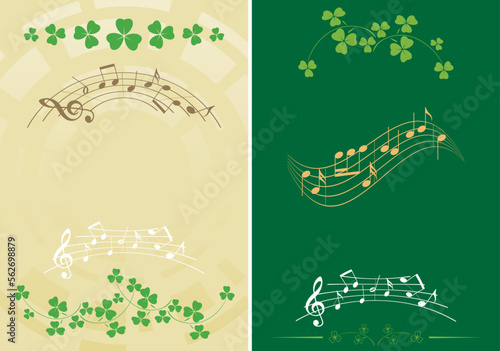 templates for music events - A4 vector musical background with green leaves of clover - st patrick holiday