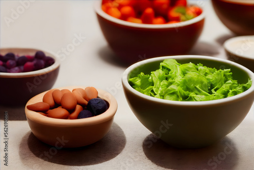 Illustration of healthy food in small bowls, generative ai