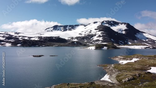 Mountain Lake with snow covered mountains in summer