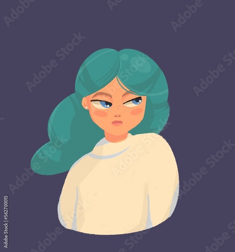 Illustration of a person. Woman with green hair. Character design. Disapproving person. Emotional face