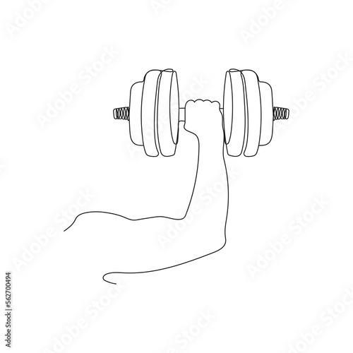 Hand holding dumbbell. One line art. Athletic sportsman arm holding dumbbell. Gym and fitness concept. Vector illustration.