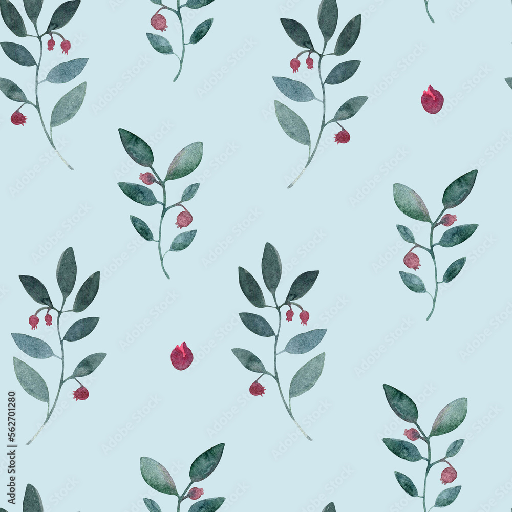 Watercolor seamless hand drawn botanical pattern with abstract red berries and green leaves
