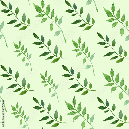 Watercolor seamless hand drawn floral pattern with green leaves