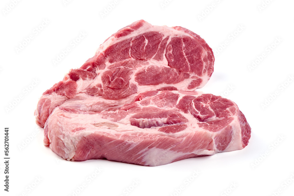Raw pork shuulder steaks, isolated on white background. High resolution image.