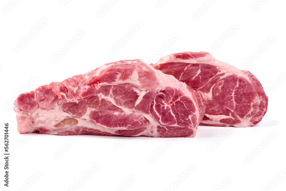 Raw pork shuulder steaks, isolated on white background. High resolution image.