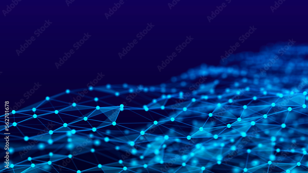 Fototapeta premium The flow of particles in a dynamic wave. Data visualization. Abstract dark background. 3D rendering.