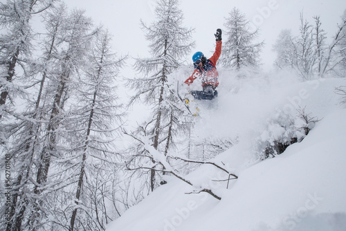 Freerider grabbing his snowboard while enjoy the face shots of fresh powder in a forest, in Chamonix photo