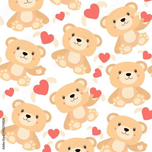 Pattern of soft toys. A beige bear with a toy in his hands and in different poses. Background for printing on textiles and paper. Gift packaging for children s parties. Background for boys and girls