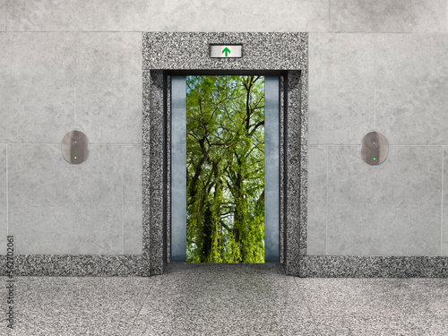 Office elevator-conservation and camping concept: Stark elevator doors open to reveal a lush, green, vine covered forest. photo