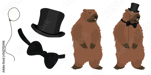 A 19th century gentleman's set for a groundhog. Groundhog Day is dressed in men's accessories. Hat top hat, monocle, butterfly. Vector illustration.