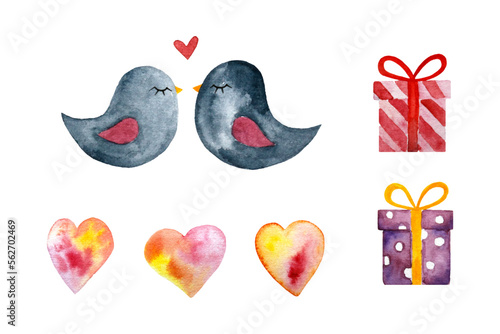 Cute watercolor Valentine's set. Valentine's set with two kissing birds, presents and hearts.