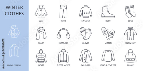 Vector winter clothes icons. Line icon set editable stroke. Warm jacket hat scarf gloves. Shoes pants socks long-sleeved sweater fleece jacket. Stock illustration isolated on white background