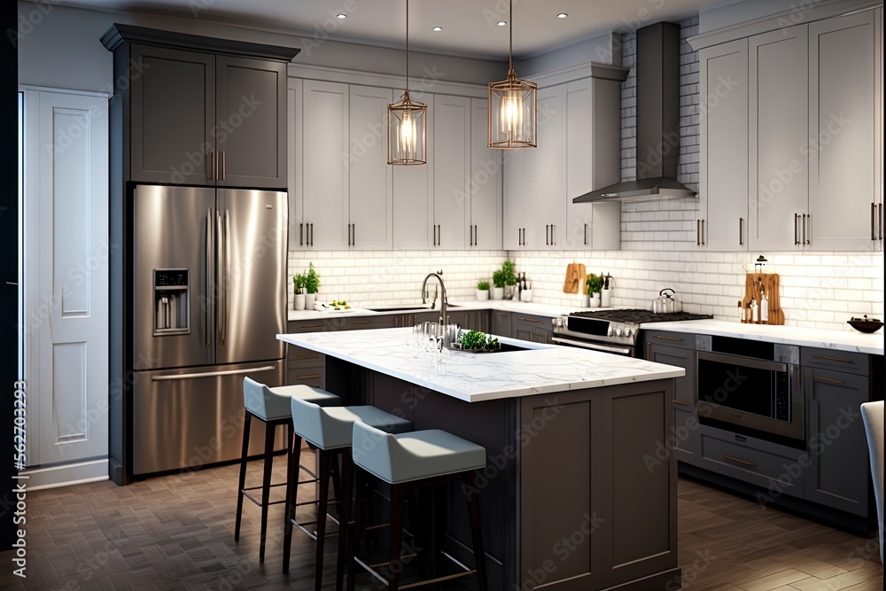 a kitchen with a center island and a stove top oven and a refrigerator and a microwave oven and a microwave oven and a refrigerator and a light and a table with stools and a. Generative AI a kitchen with a center island and a stove top oven and a refrigerator and a microwave oven and a microwave oven and a refrigerator and a light and a table with stools and a. Generative AI