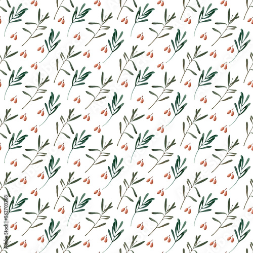 Watercolor seamless pattern with berries  twigs and leaves of sea buckthorn