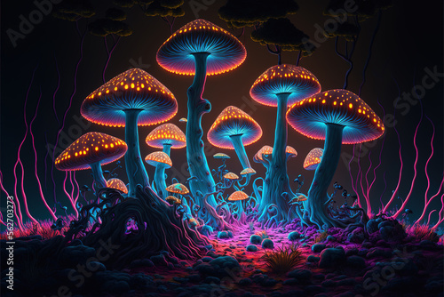 alien forest, dark fantasy, neon lights, art illustration