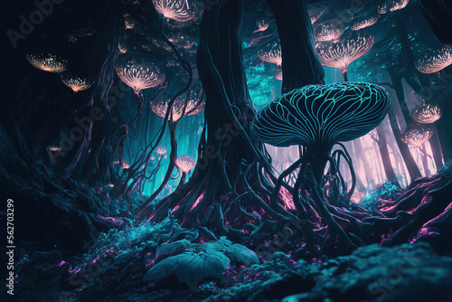 alien forest  dark fantasy  neon lights  art illustration