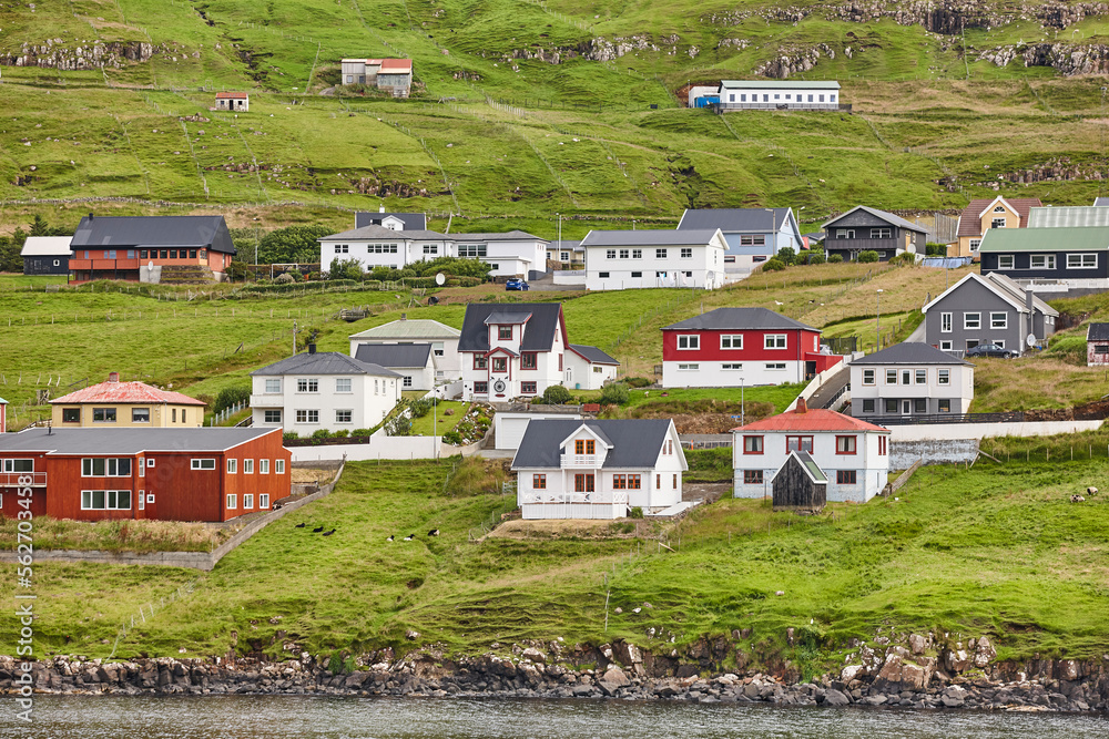 Naklejka premium Traditional faroese village in Suduroy island. Fjord landscape. Tvoroyri