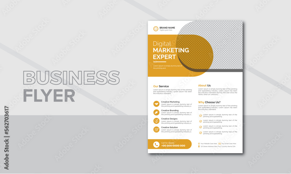 Corporate business flyer template design with yellow color. Business flyer layout template in A4 size template. Grow your business. Digital marketing agency flyer. Fresh & clean design template