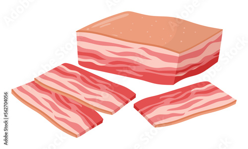 Cartoon raw bacon. Pork red bacon slices, tasty smoked bacon or salty salo rashers flat vector illustration on white background
