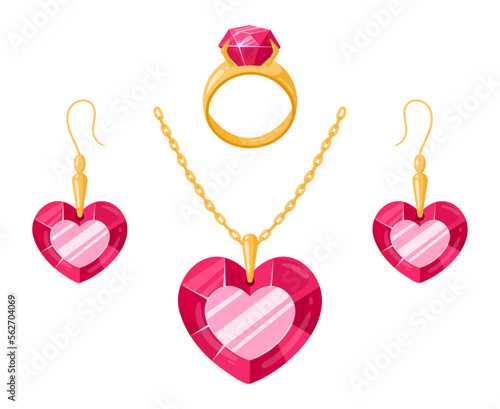 Cartoon ruby golden jewelry. Precious necklace, ring and gold earrings, glamorous jewelry, ruby gemstones set flat vector illustration on white background