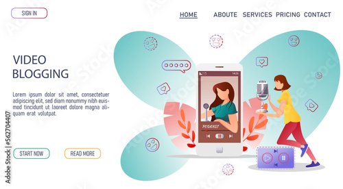 Female video blogger recording video with camera. Different social media icons. Landing page template, vector illustration in flat style