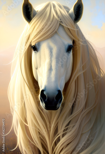 Portrait of a White Horse with Golden Mane, Generative AI