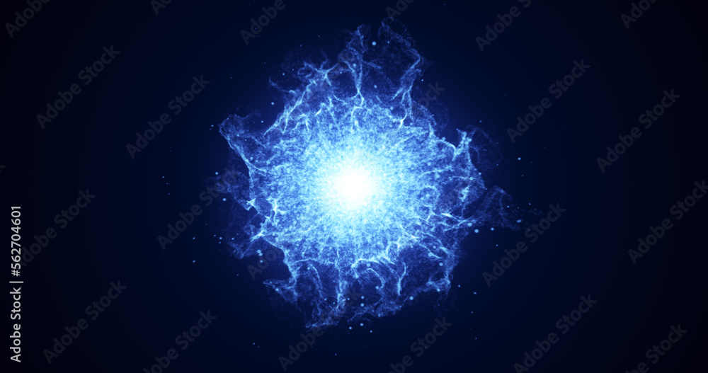 Abstract glowing blue futuristic energy dust with waves of magical energy particles on a dark blue background. Abstract background