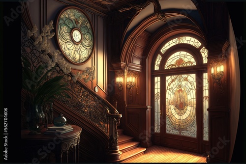  a staircase with a clock and a window in the middle of it and a potted plant on the side of the stairs in front of the door and a window with a circular window. Generative AI